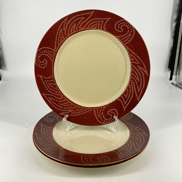 Set of 3 Pier 1 Matira Dinner Plates Tan Red Rim Dotted Scrolls 10 1/2" - Picture 1 of 7